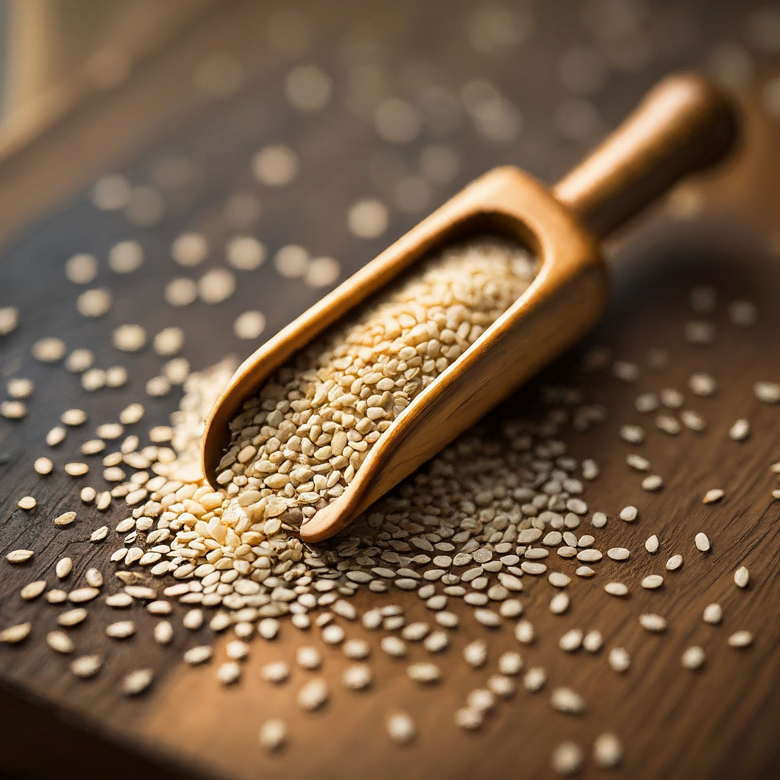 A close-up of sesame seeds in a wooden bowl